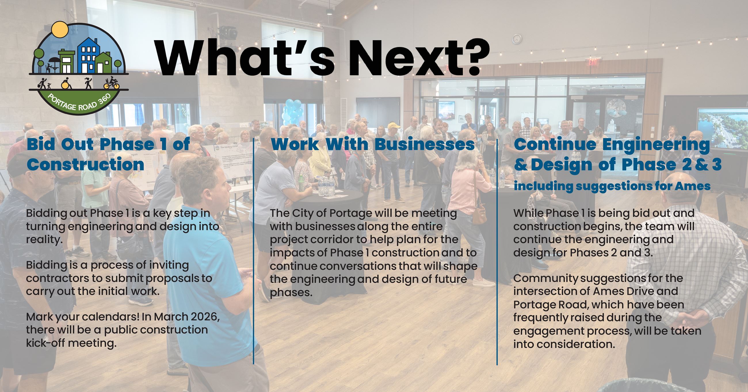 A slide that explains the next steps in the Portage Road 360 Project.