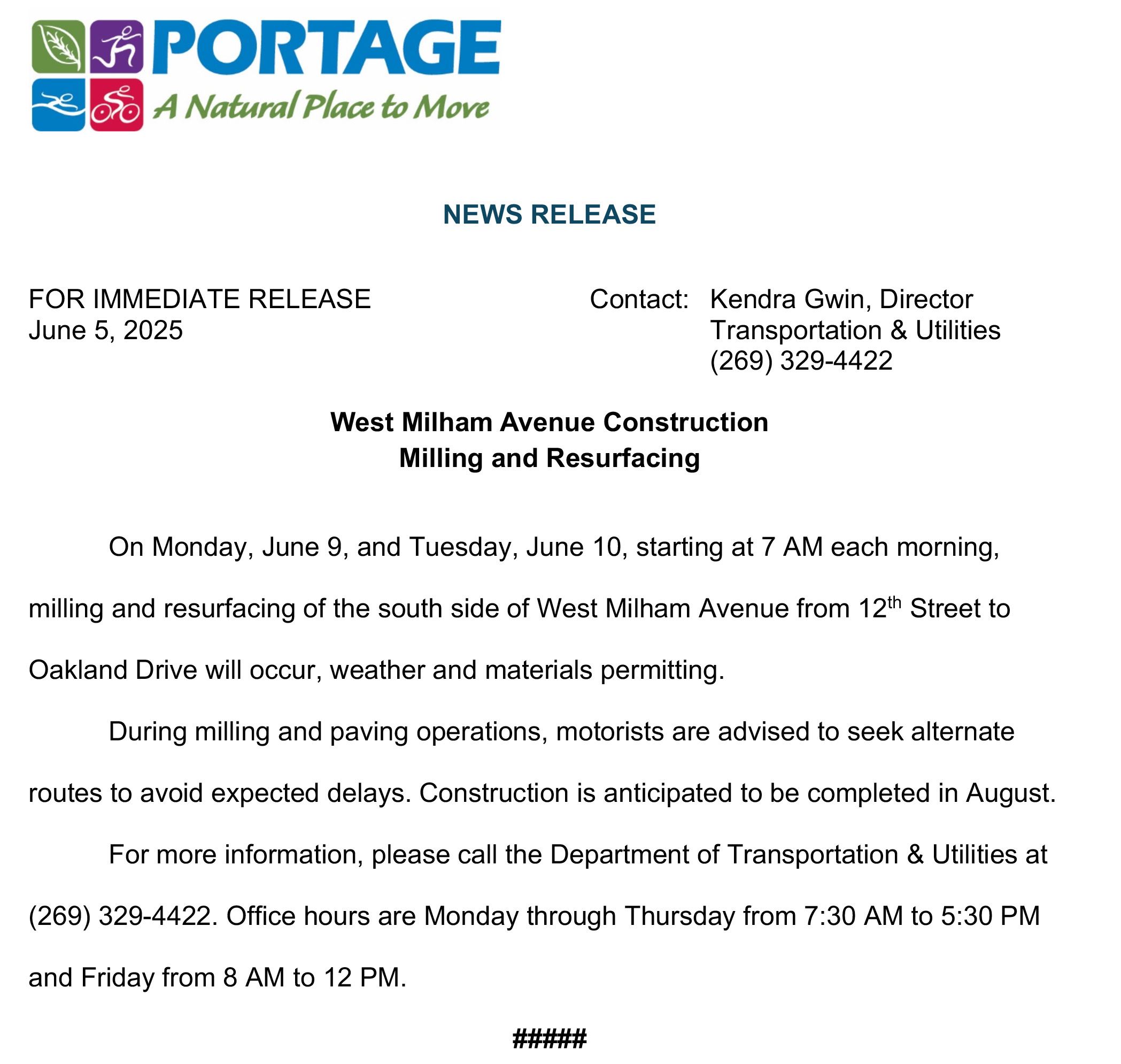 2025 06-05 West Milham Avenue Mill and Resurface