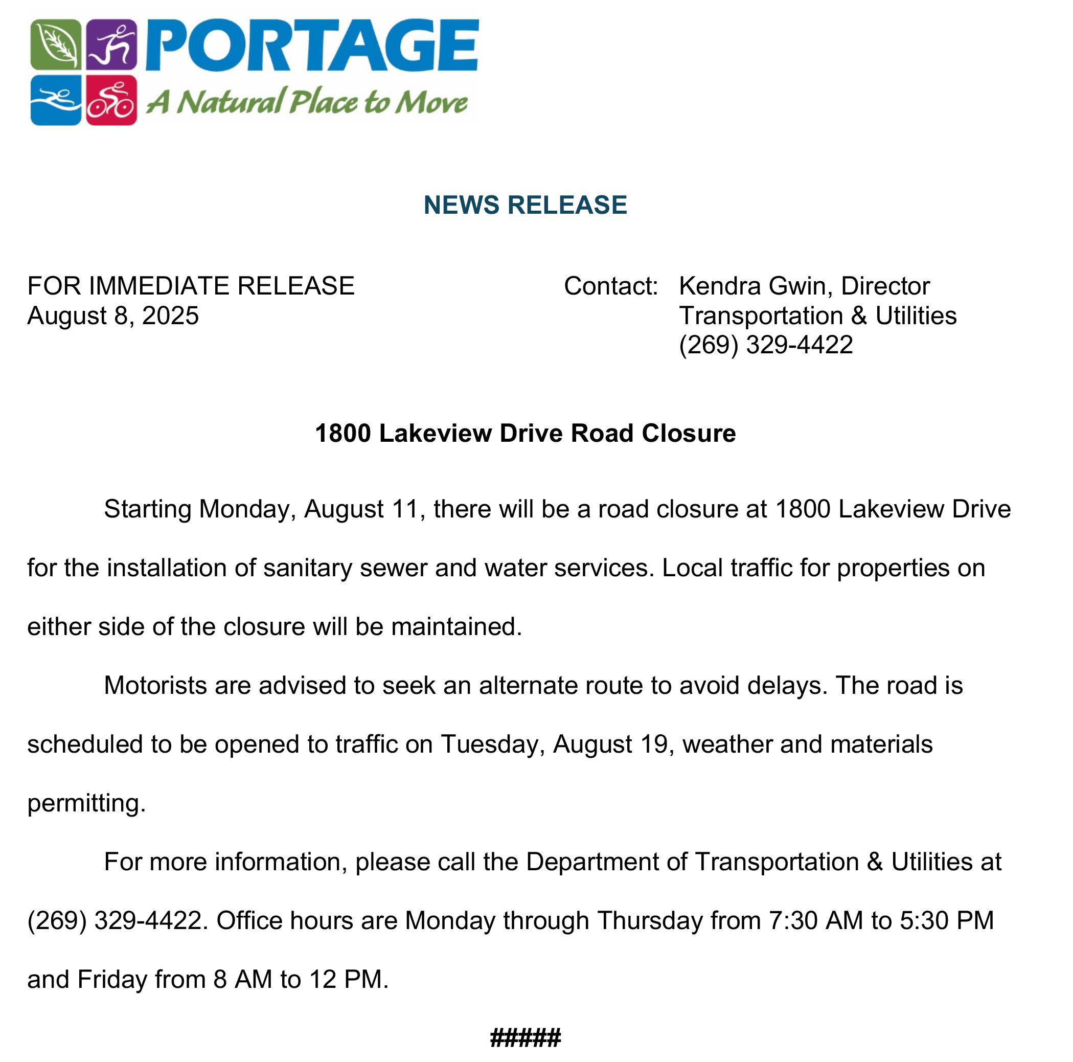 2025 08-08 S Lakeview Road Closure