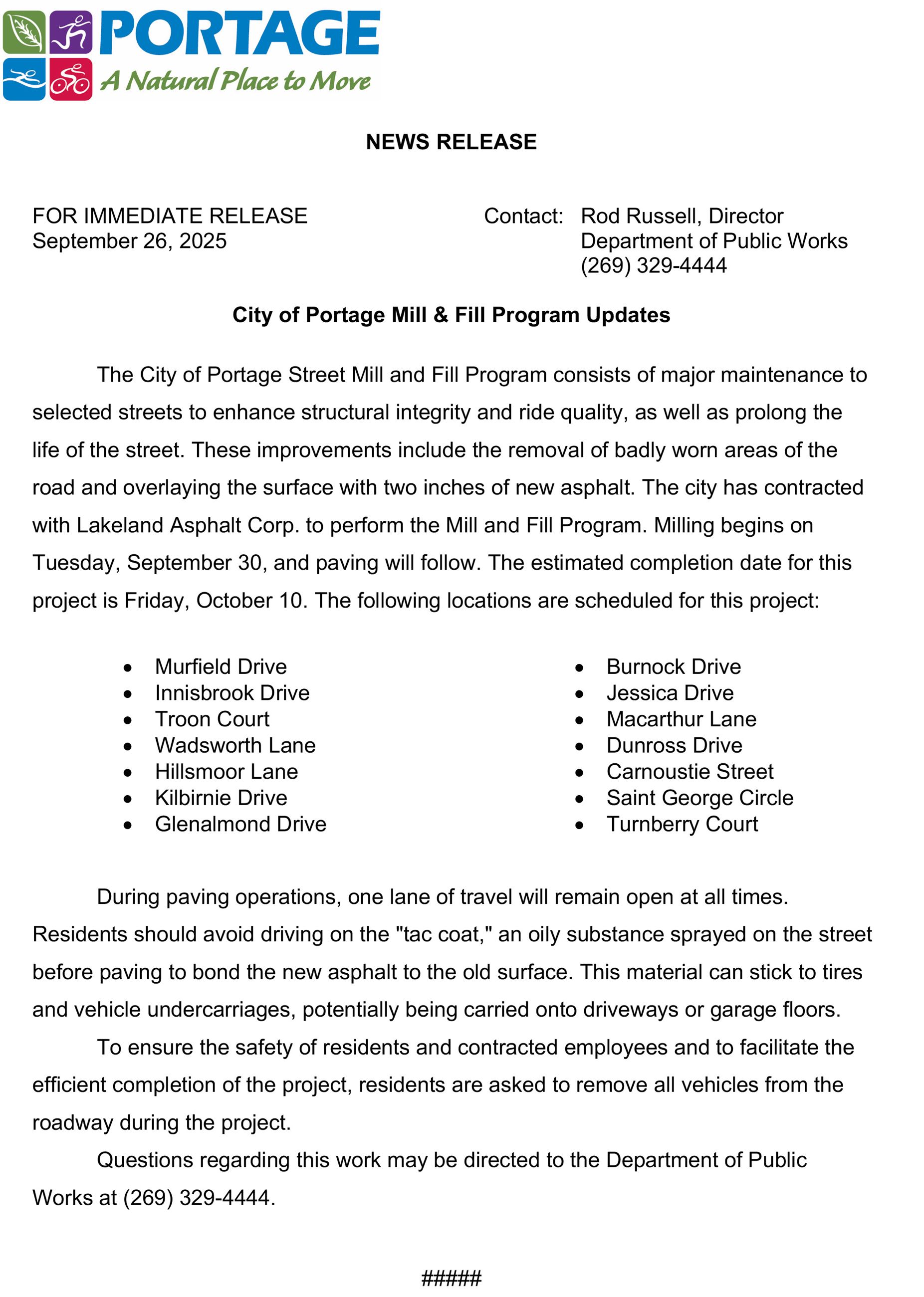 2025 09-26 Mill and Fill Update